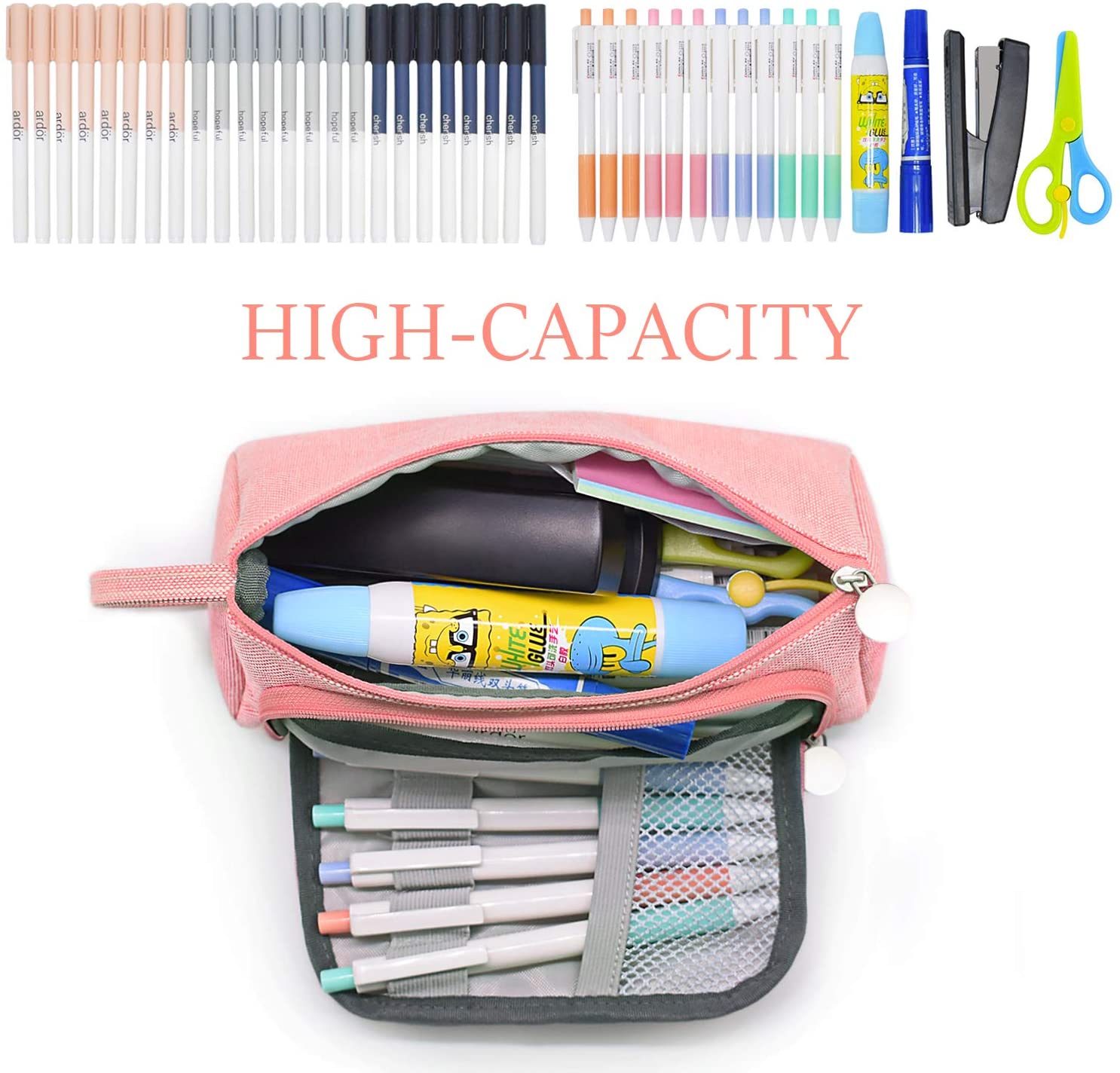 Mokani Pencil Pouch, Big Capacity Pencil Pen Case with Handle, Canvas Bag Stationery Boxl, Pink